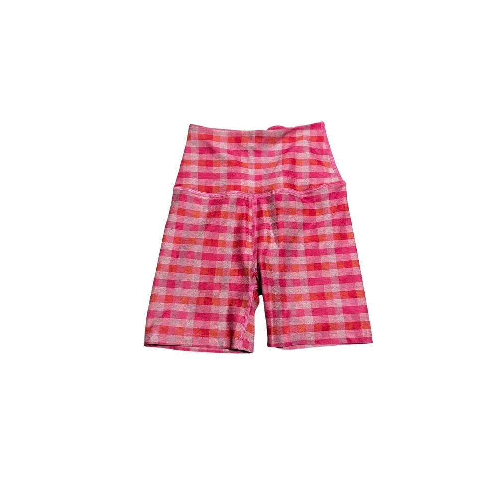 Beyond Yoga Spacedye High Waisted Biker Shorts Pink Orange Gingham Check Size S